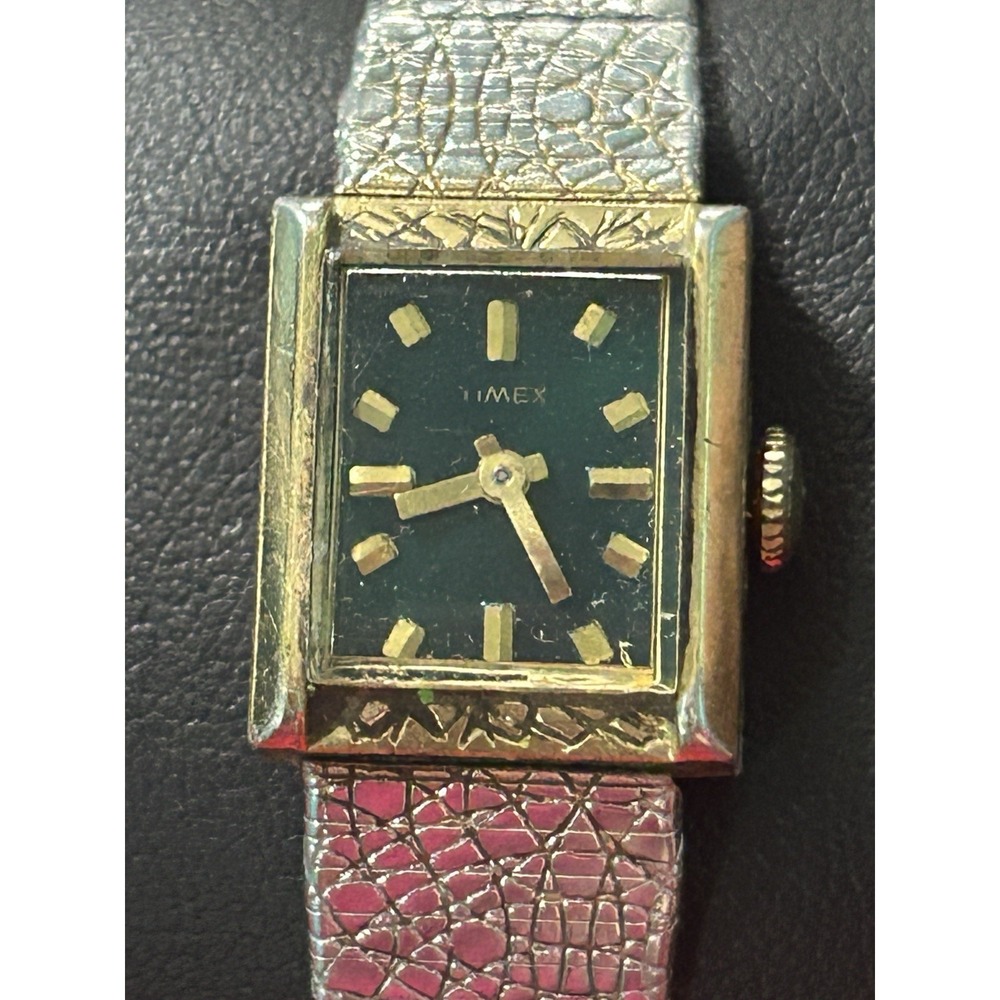 Vintage Timex Gold Tank Watch With Dark Green Dial Wind‎ Up Womens Watch